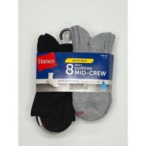 Hanes 8 Pairs Mens Cushion Mid-Crew Socks Value Pack Size 6-12 Black Grey White